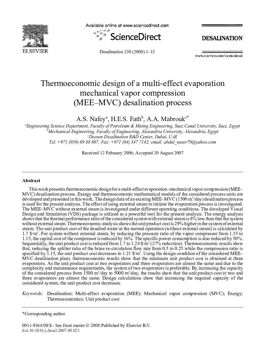 Thermoeconomic design of a multi-effect evaporation mechanical vapor compression (MEE–MVC) desalination process