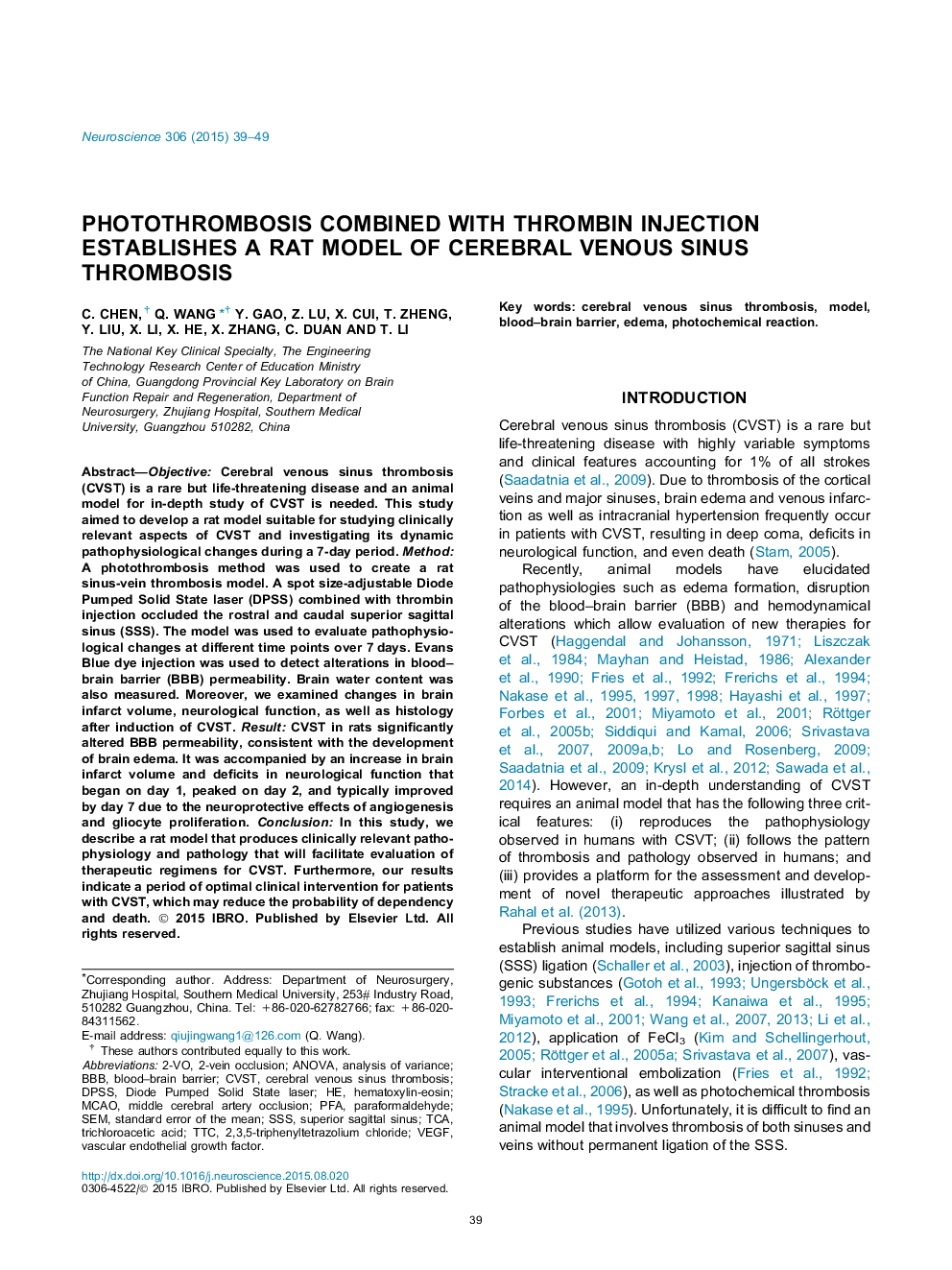 Photothrombosis combined with thrombin injection establishes a rat model of cerebral venous sinus thrombosis