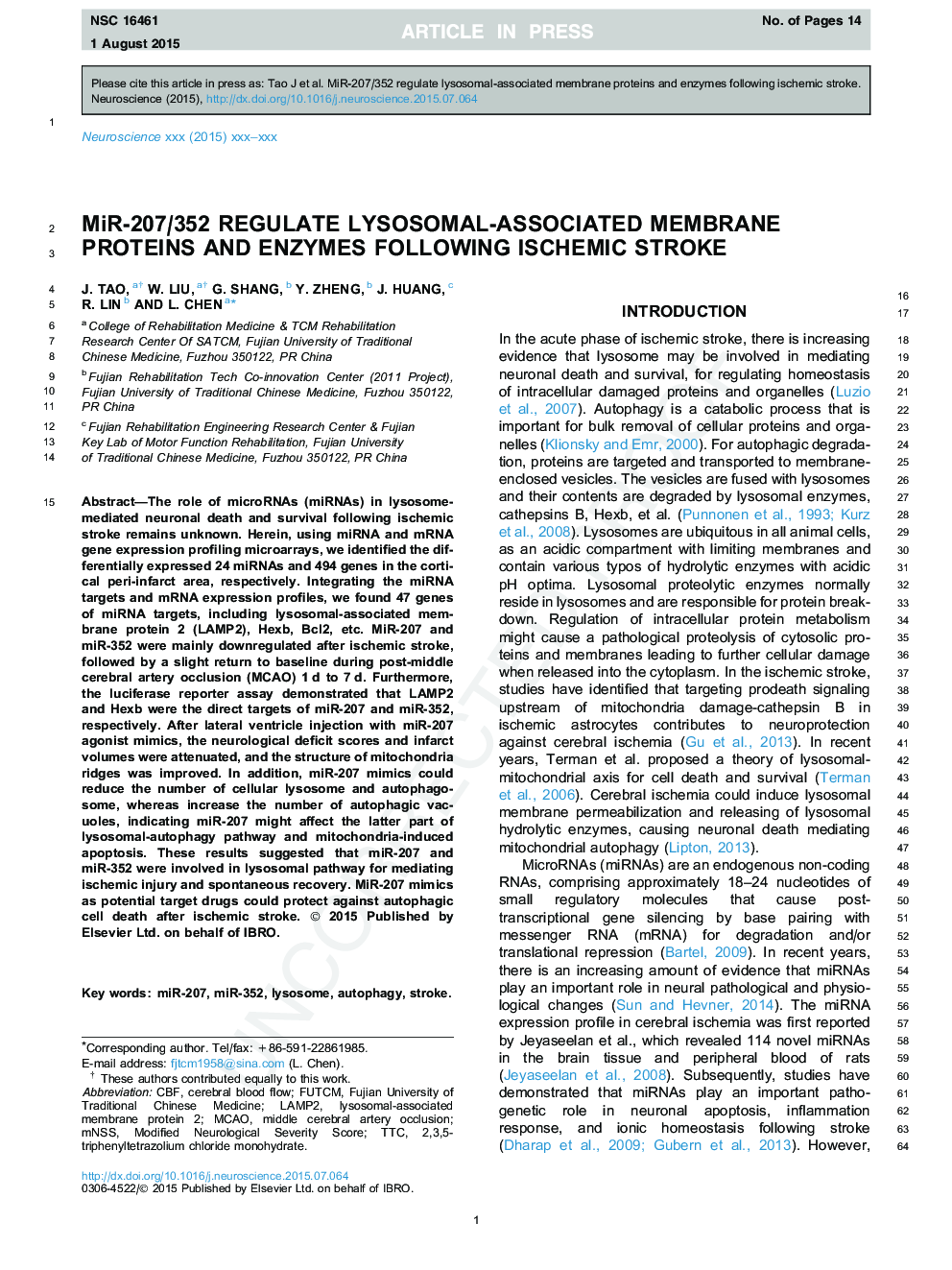 MiR-207/352 regulate lysosomal-associated membrane proteins and enzymes following ischemic stroke