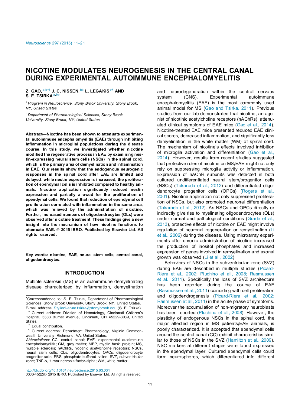 Nicotine modulates neurogenesis in the central canal during experimental autoimmune encephalomyelitis