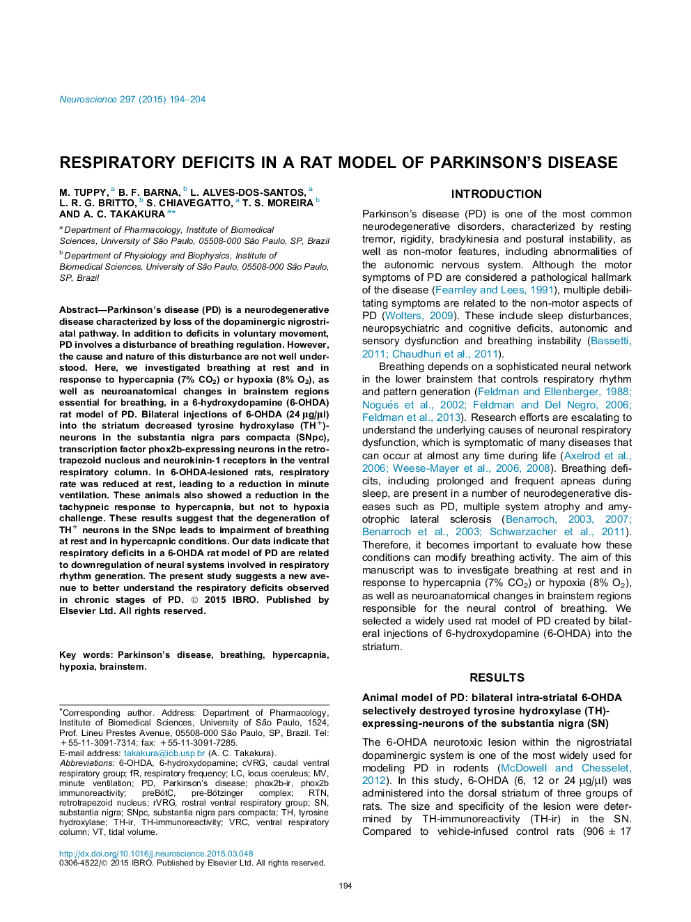 Respiratory deficits in a rat model of Parkinson's disease