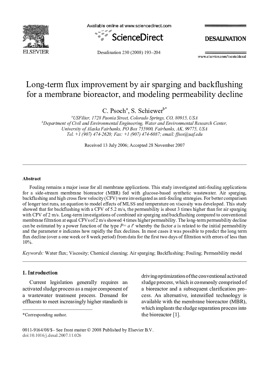 Long-term flux improvement by air sparging and backflushing for a membrane bioreactor, and modeling permeability decline