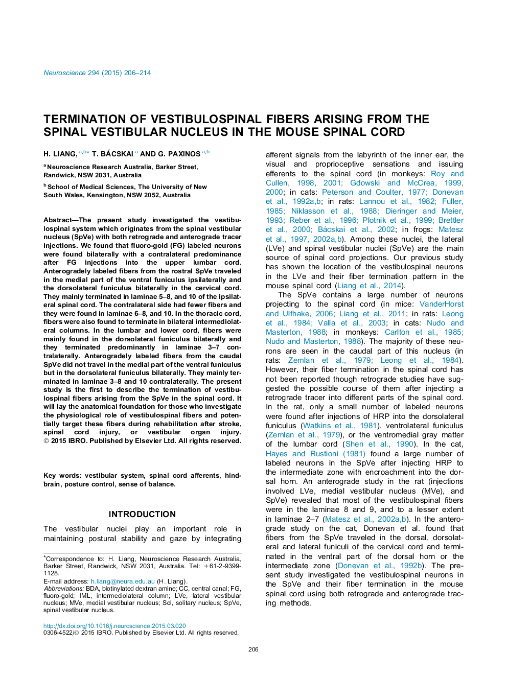 Termination of vestibulospinal fibers arising from the spinal vestibular nucleus in the mouse spinal cord