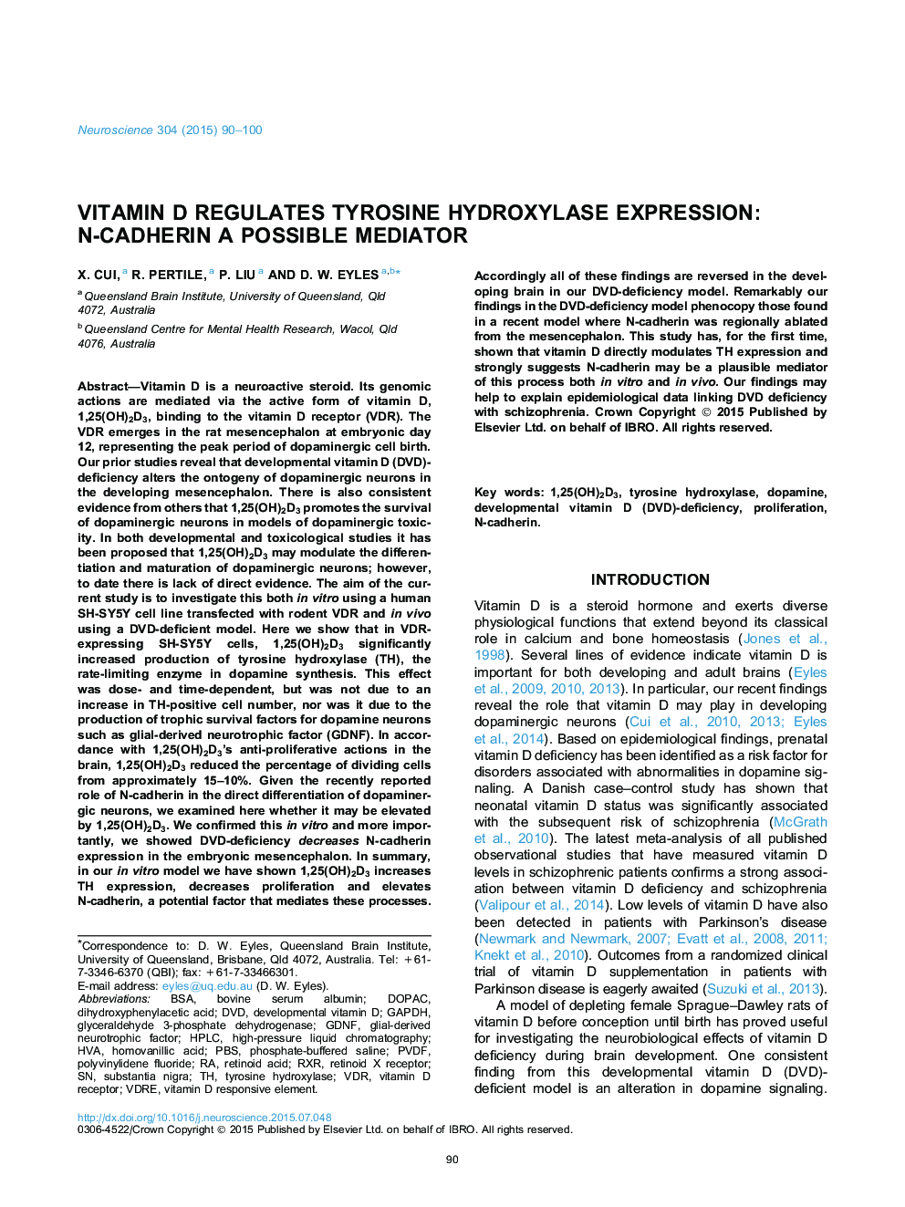 Vitamin D regulates tyrosine hydroxylase expression: N-cadherin a possible mediator