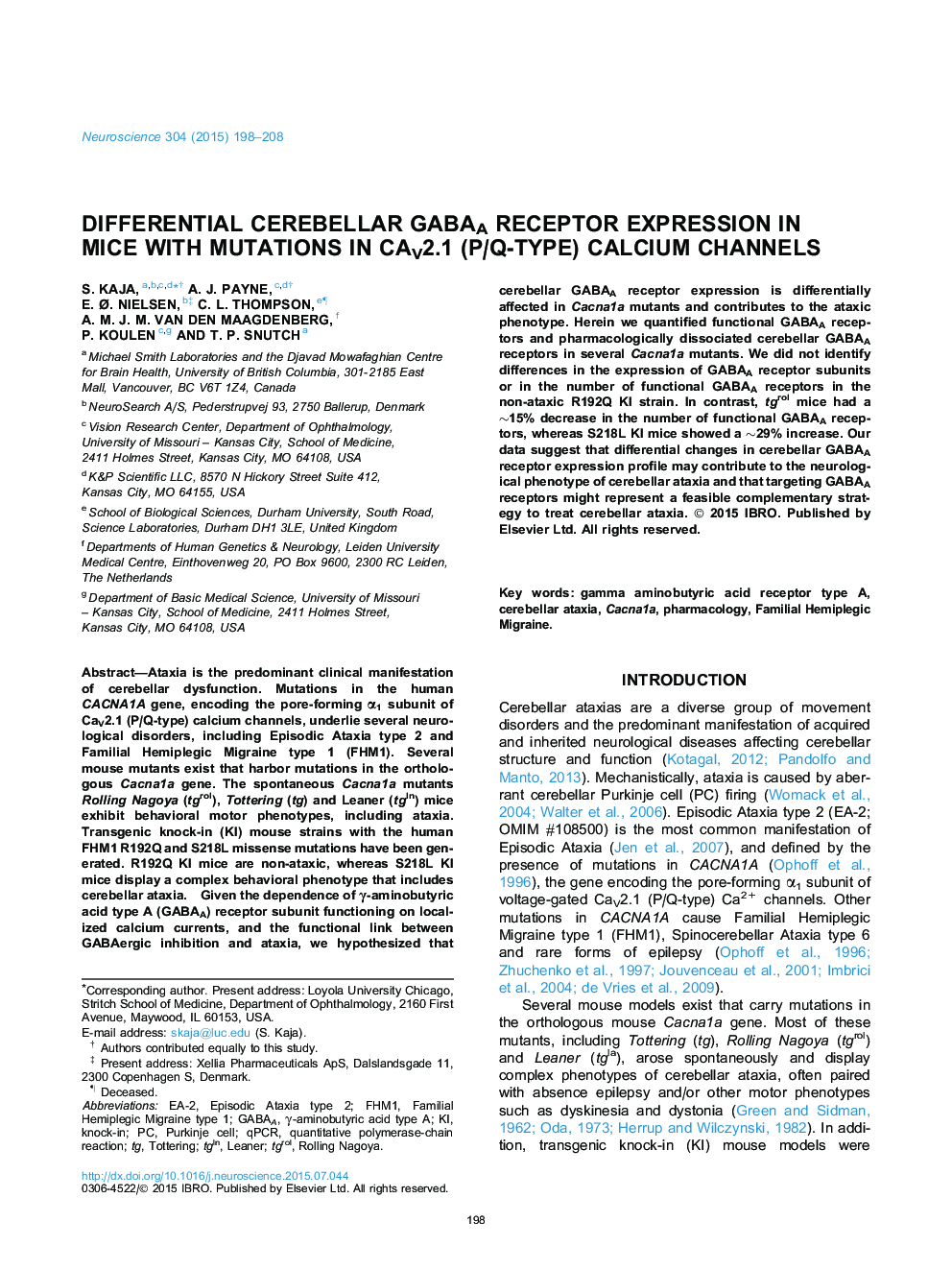 Differential cerebellar GABAA receptor expression in mice with mutations in CaV2.1 (P/Q-type) calcium channels