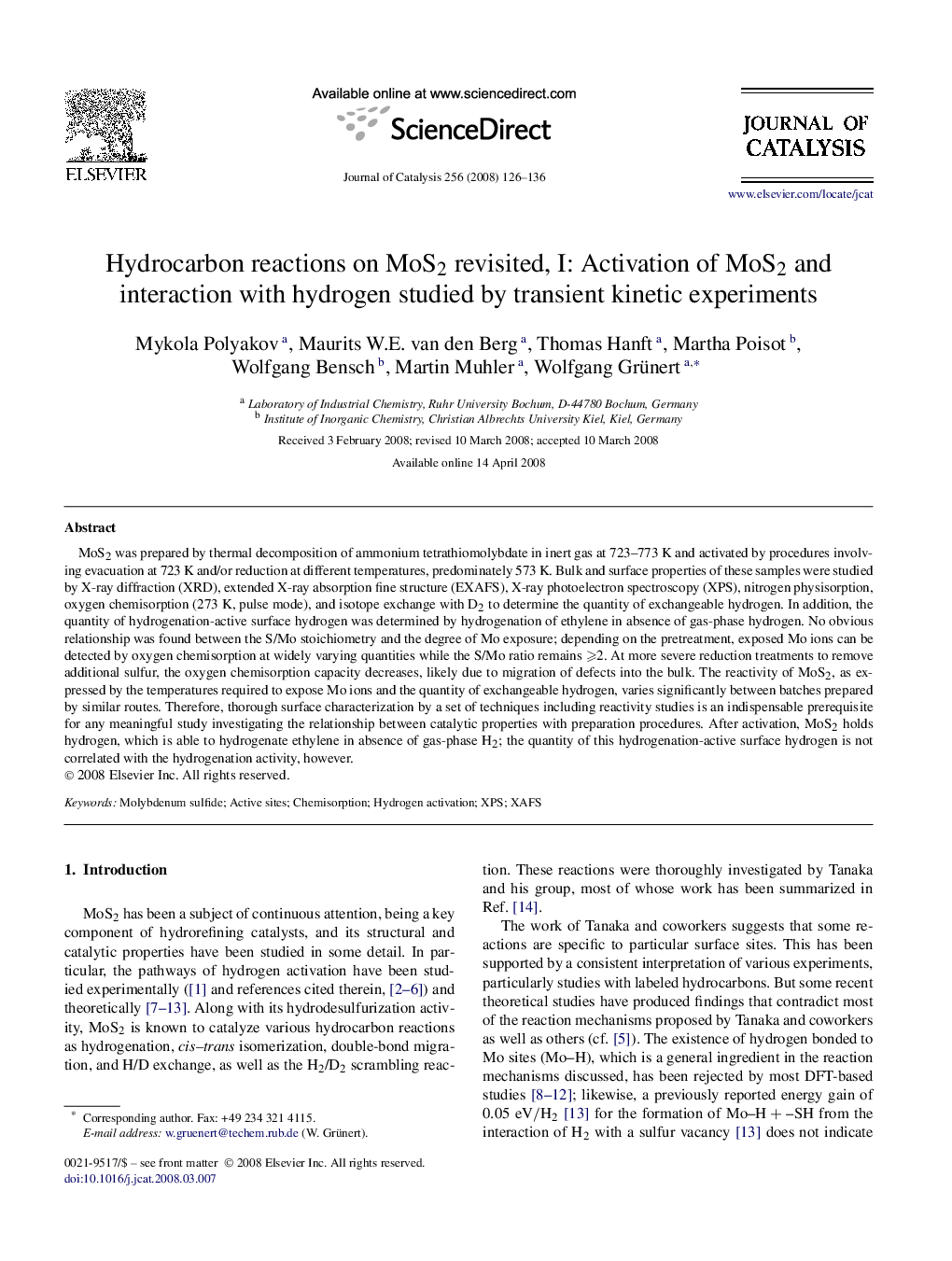 Hydrocarbon reactions on MoS2 revisited, I: Activation of MoS2 and interaction with hydrogen studied by transient kinetic experiments