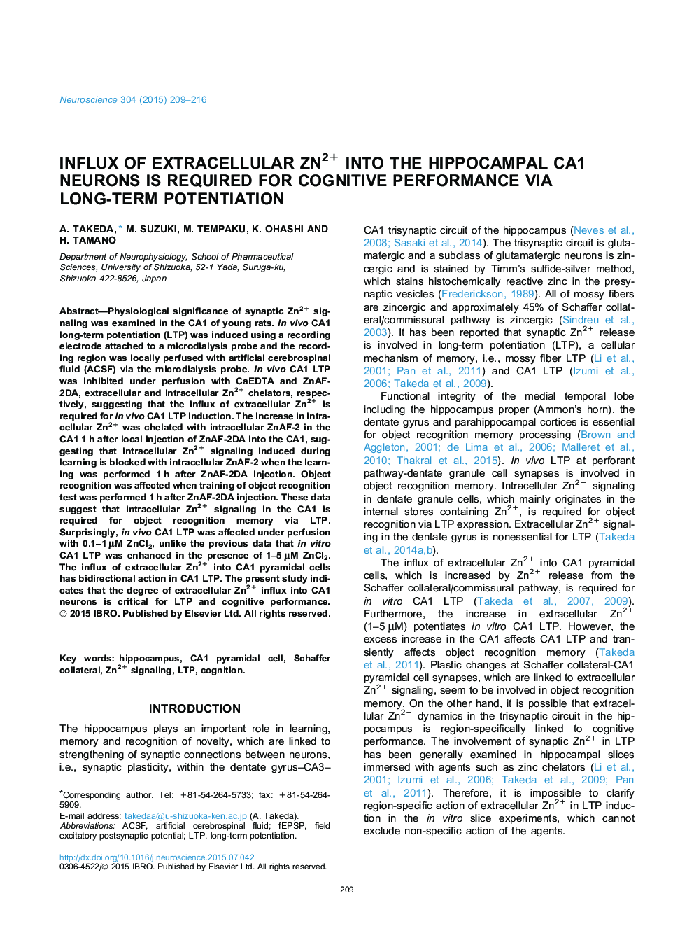 Influx of extracellular Zn2+ into the hippocampal CA1 neurons is required for cognitive performance via long-term potentiation