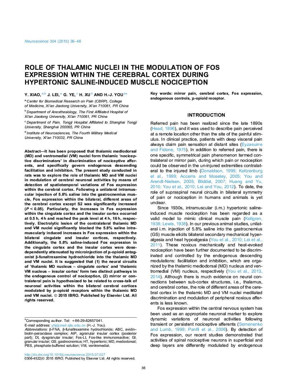 Role of thalamic nuclei in the modulation of Fos expression within the cerebral cortex during hypertonic saline-induced muscle nociception
