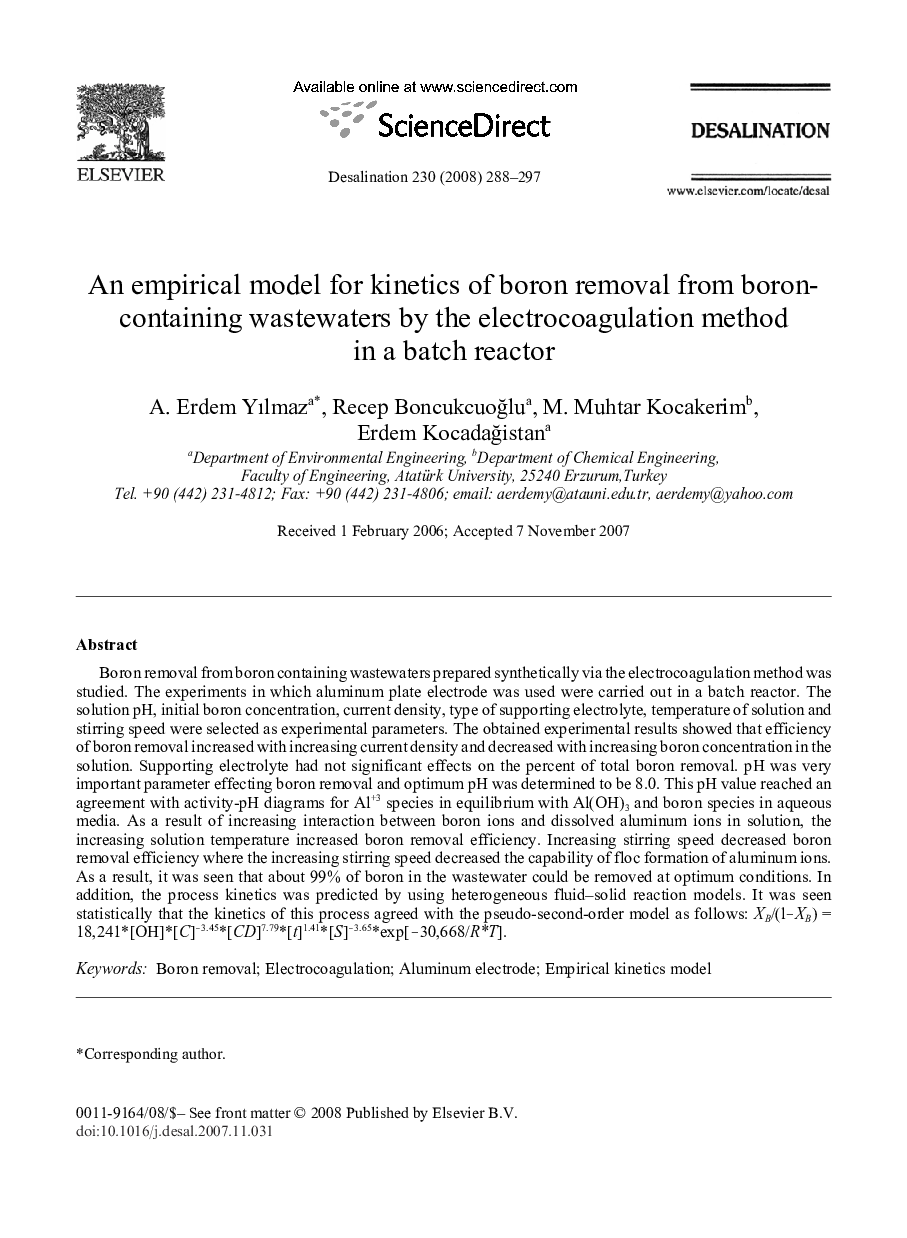 An empirical model for kinetics of boron removal from boroncontaining wastewaters by the electrocoagulation method in a batch reactor