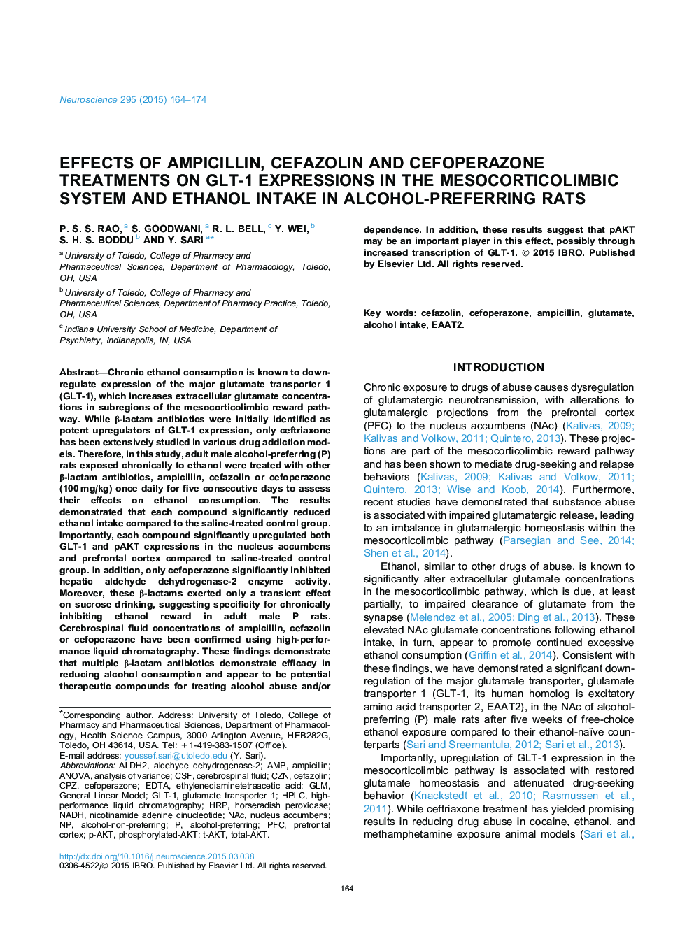 Effects of ampicillin, cefazolin and cefoperazone treatments on GLT-1 expressions in the mesocorticolimbic system and ethanol intake in alcohol-preferring rats