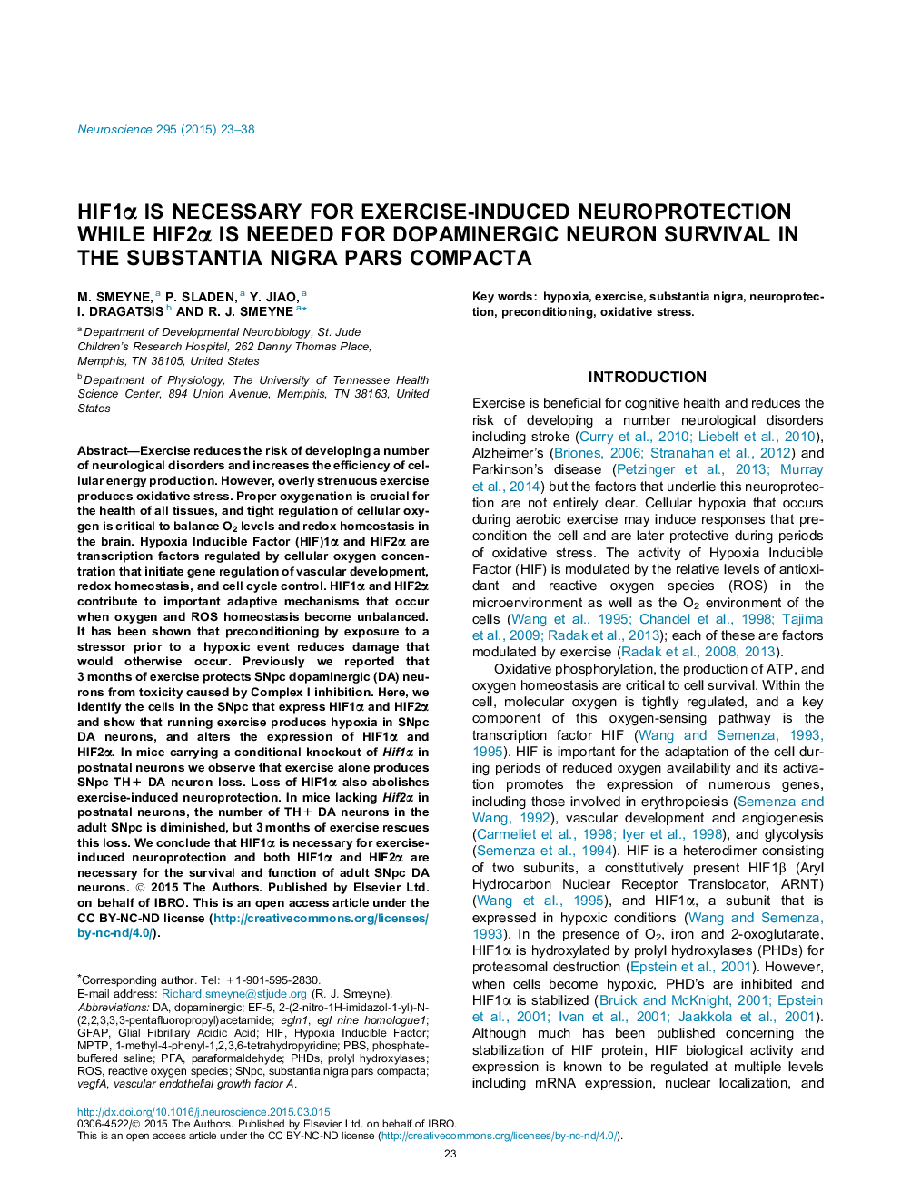 HIF1Î± is necessary for exercise-induced neuroprotection while HIF2Î± is needed for dopaminergic neuron survival in the substantia nigra pars compacta