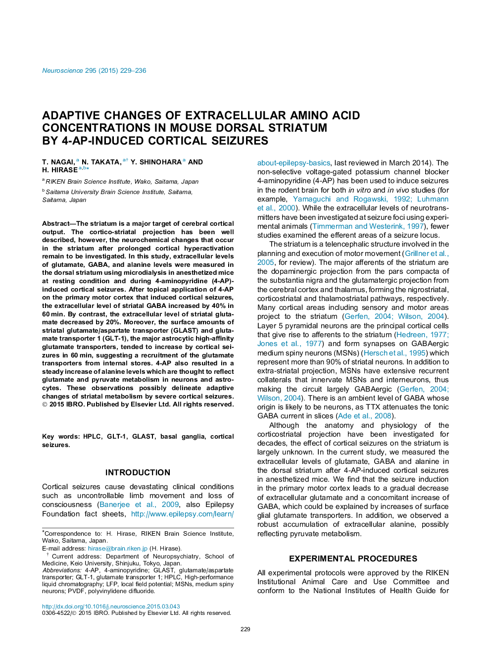 Adaptive changes of extracellular amino acid concentrations in mouse dorsal striatum by 4-AP-induced cortical seizures