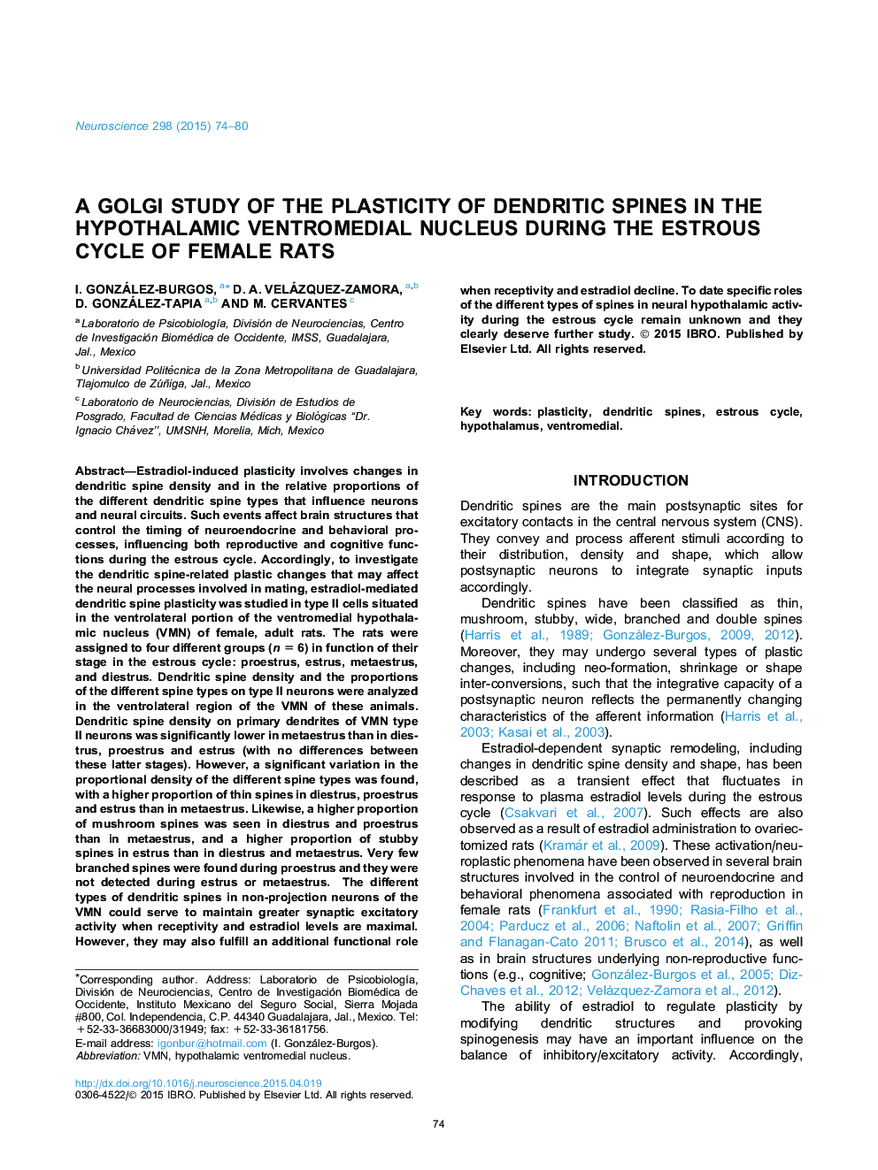 A Golgi study of the plasticity of dendritic spines in the hypothalamic ventromedial nucleus during the estrous cycle of female rats