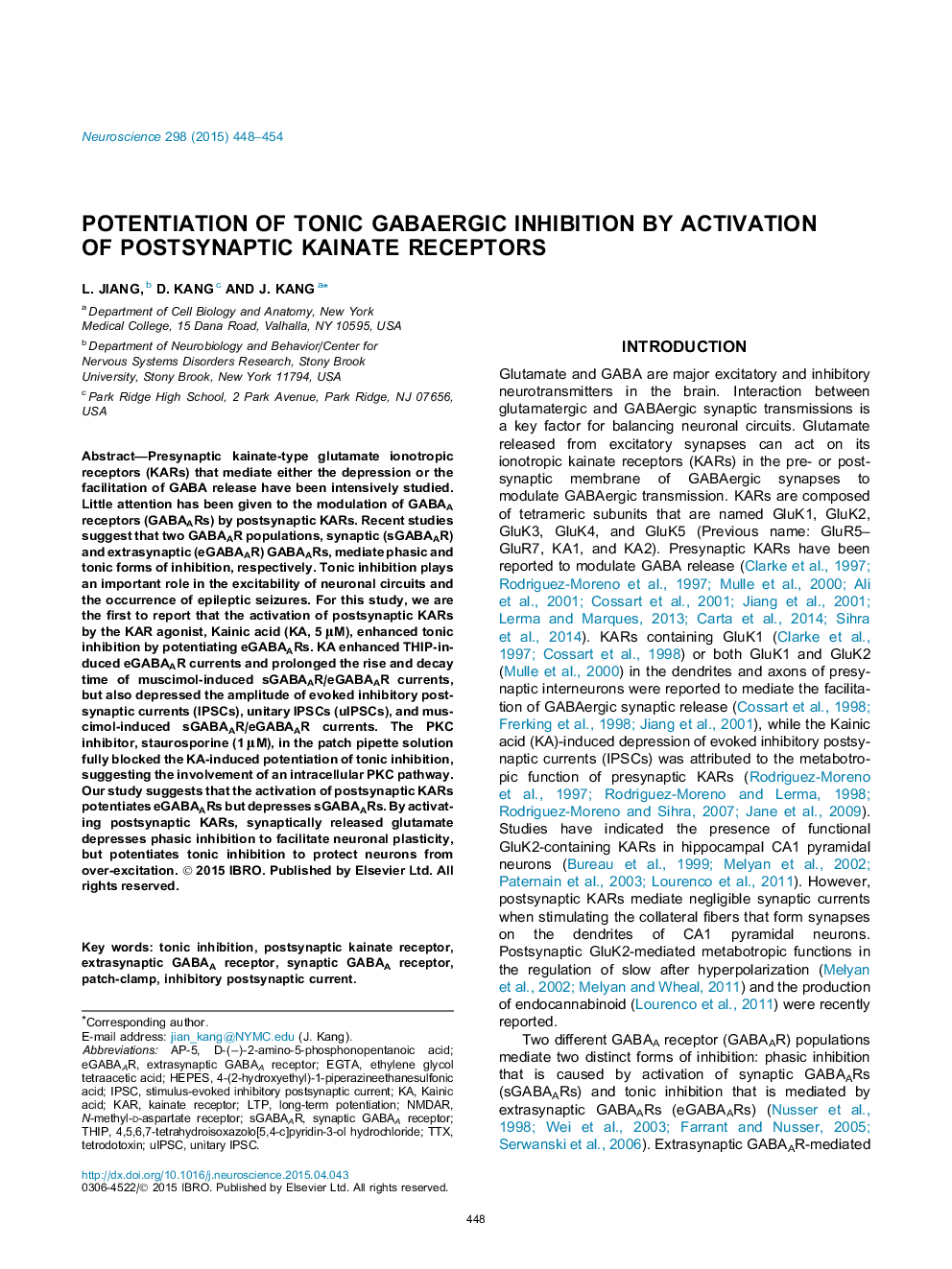 Potentiation of tonic GABAergic inhibition by activation of postsynaptic kainate receptors