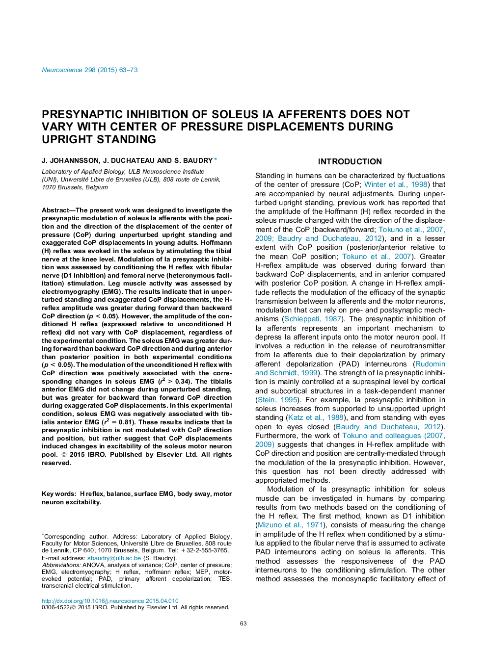 Presynaptic inhibition of soleus Ia afferents does not vary with center of pressure displacements during upright standing