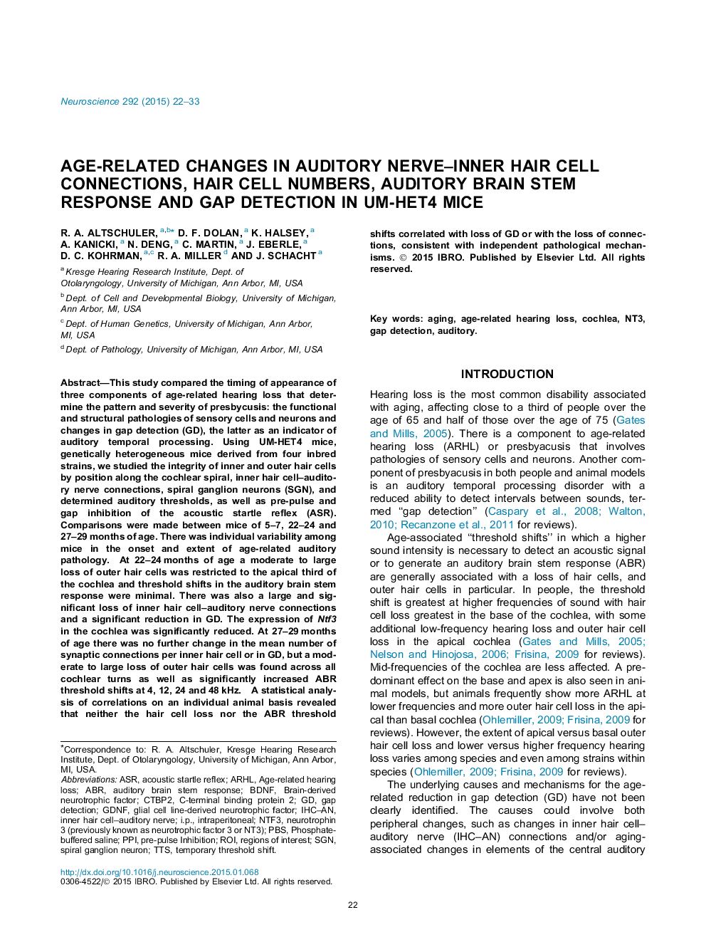 Age-related changes in auditory nerve-inner hair cell connections, hair cell numbers, auditory brain stem response and gap detection in UM-HET4 mice