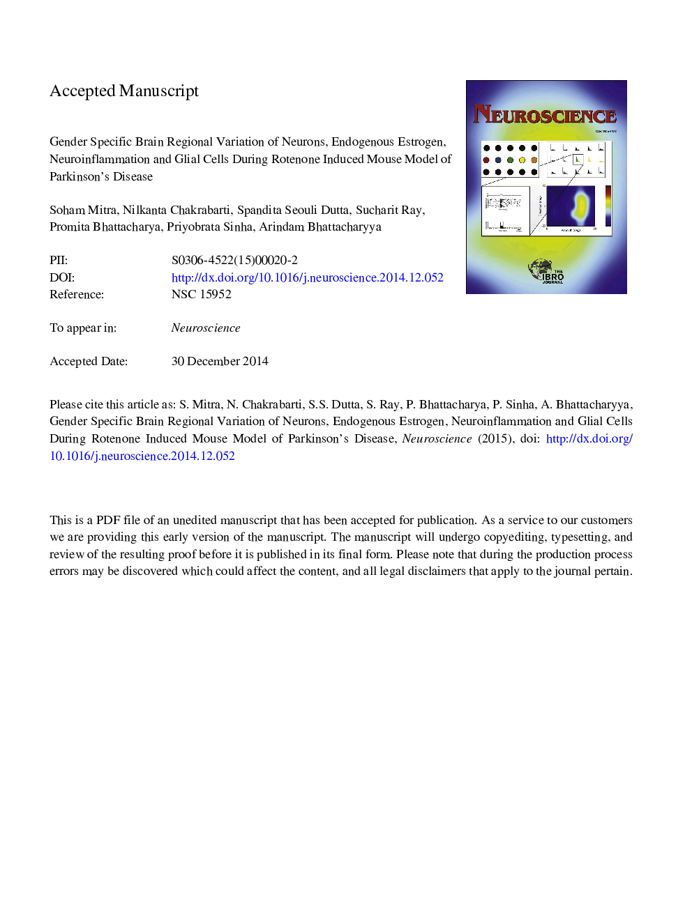 Gender-specific brain regional variation of neurons, endogenous estrogen, neuroinflammation and glial cells during rotenone-induced mouse model of Parkinson's disease