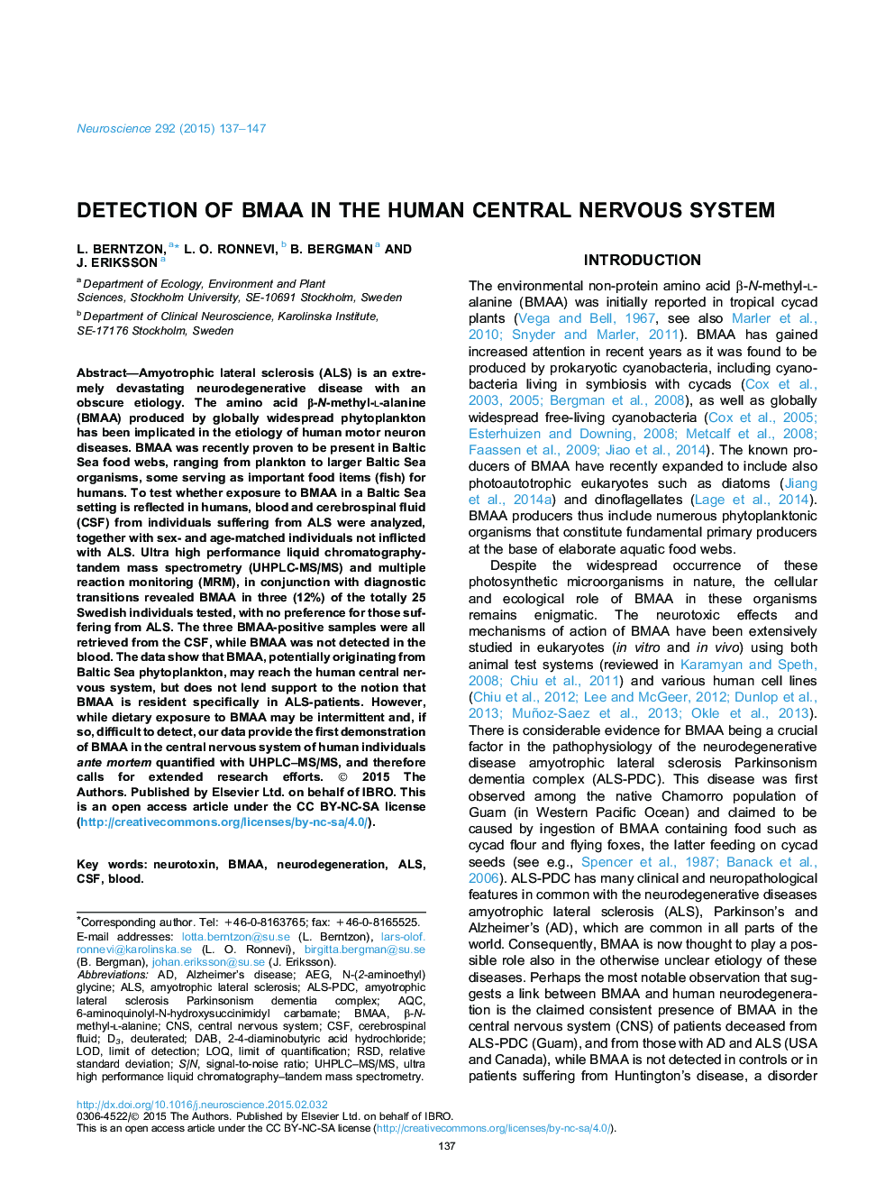 Detection of BMAA in the human central nervous system