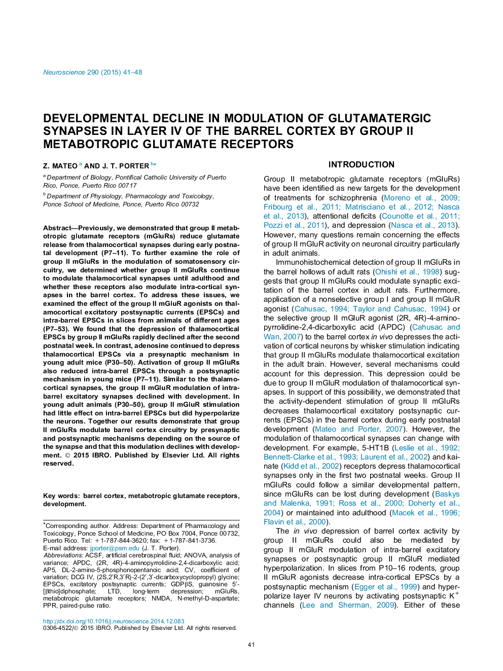 Developmental decline in modulation of glutamatergic synapses in layer IV of the barrel cortex by group II metabotropic glutamate receptors