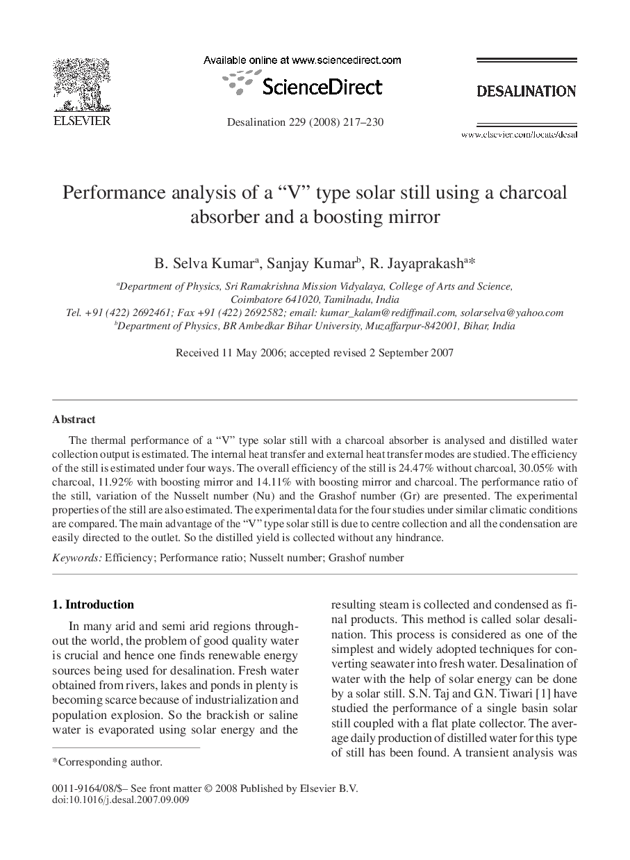 Performance analysis of a “V” type solar still using a charcoal absorber and a boosting mirror