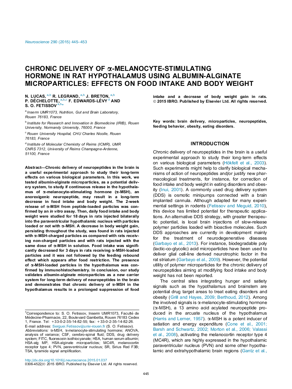 Chronic delivery of Î±-melanocyte-stimulating hormone in rat hypothalamus using albumin-alginate microparticles: Effects on food intake and body weight