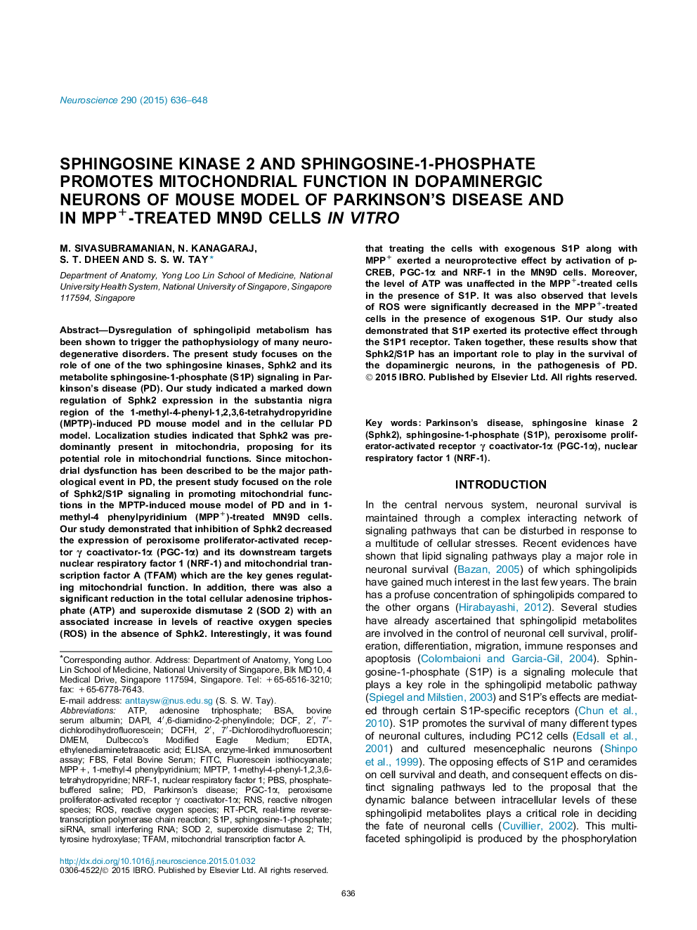 Sphingosine kinase 2 and sphingosine-1-phosphate promotes mitochondrial function in dopaminergic neurons of mouse model of Parkinson's disease and in MPP+-treated MN9D cells in vitro