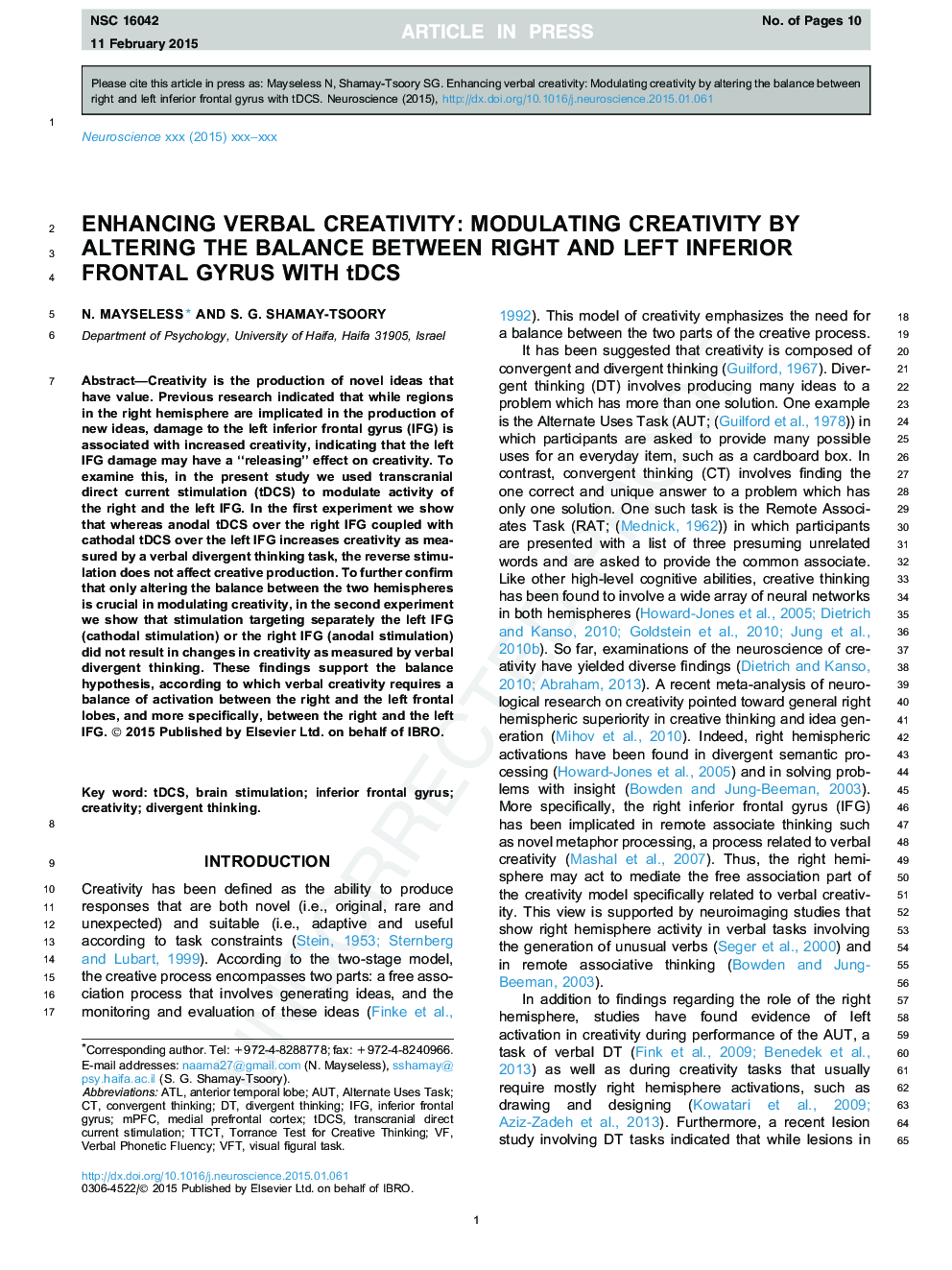 Enhancing verbal creativity: Modulating creativity by altering the balance between right and left inferior frontal gyrus with tDCS