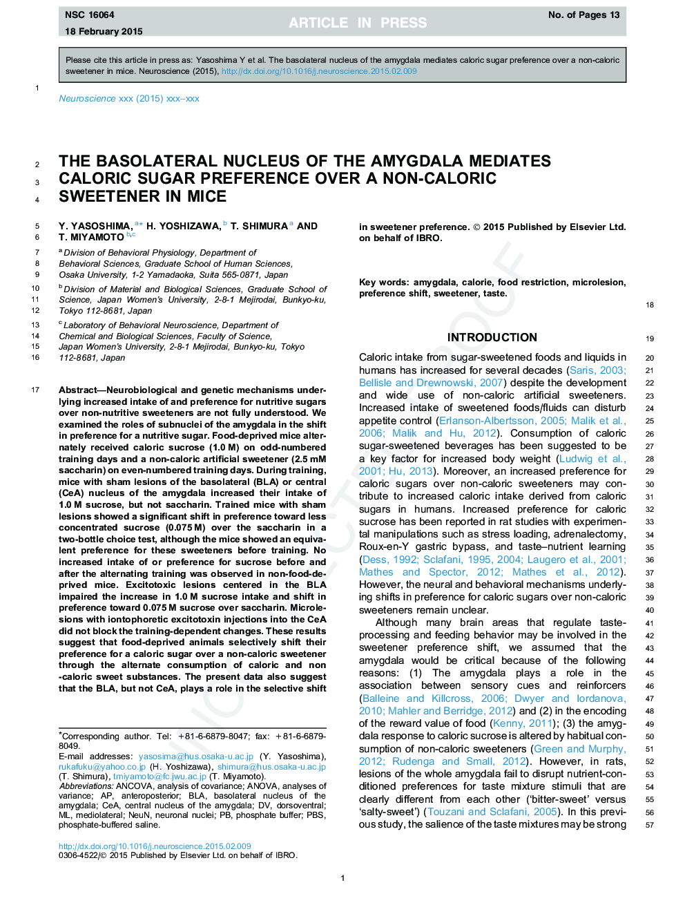 The basolateral nucleus of the amygdala mediates caloric sugar preference over a non-caloric sweetener in mice