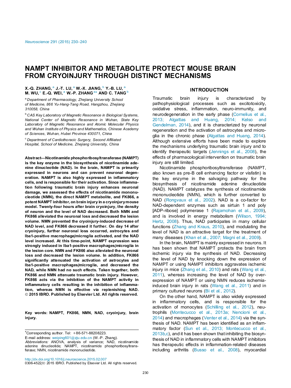 NAMPT inhibitor and metabolite protect mouse brain from cryoinjury through distinct mechanisms