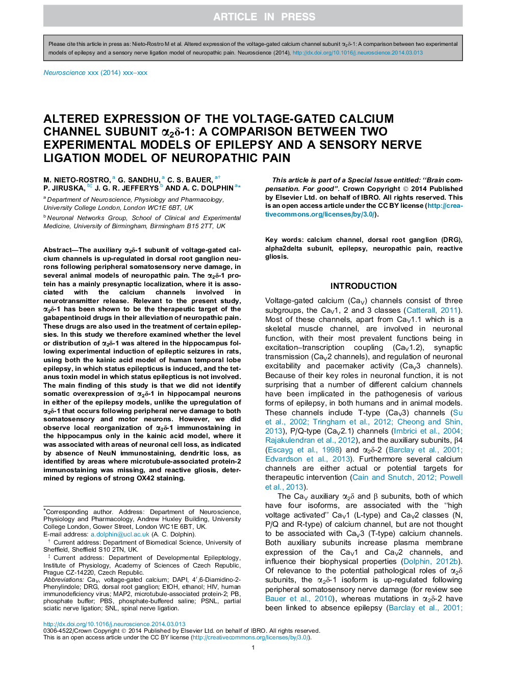 Altered expression of the voltage-gated calcium channel subunit Î±2Î´-1: A comparison between two experimental models of epilepsy and a sensory nerve ligation model of neuropathic pain