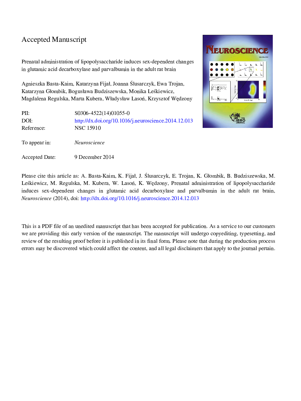 Prenatal administration of lipopolysaccharide induces sex-dependent changes in glutamic acid decarboxylase and parvalbumin in the adult rat brain