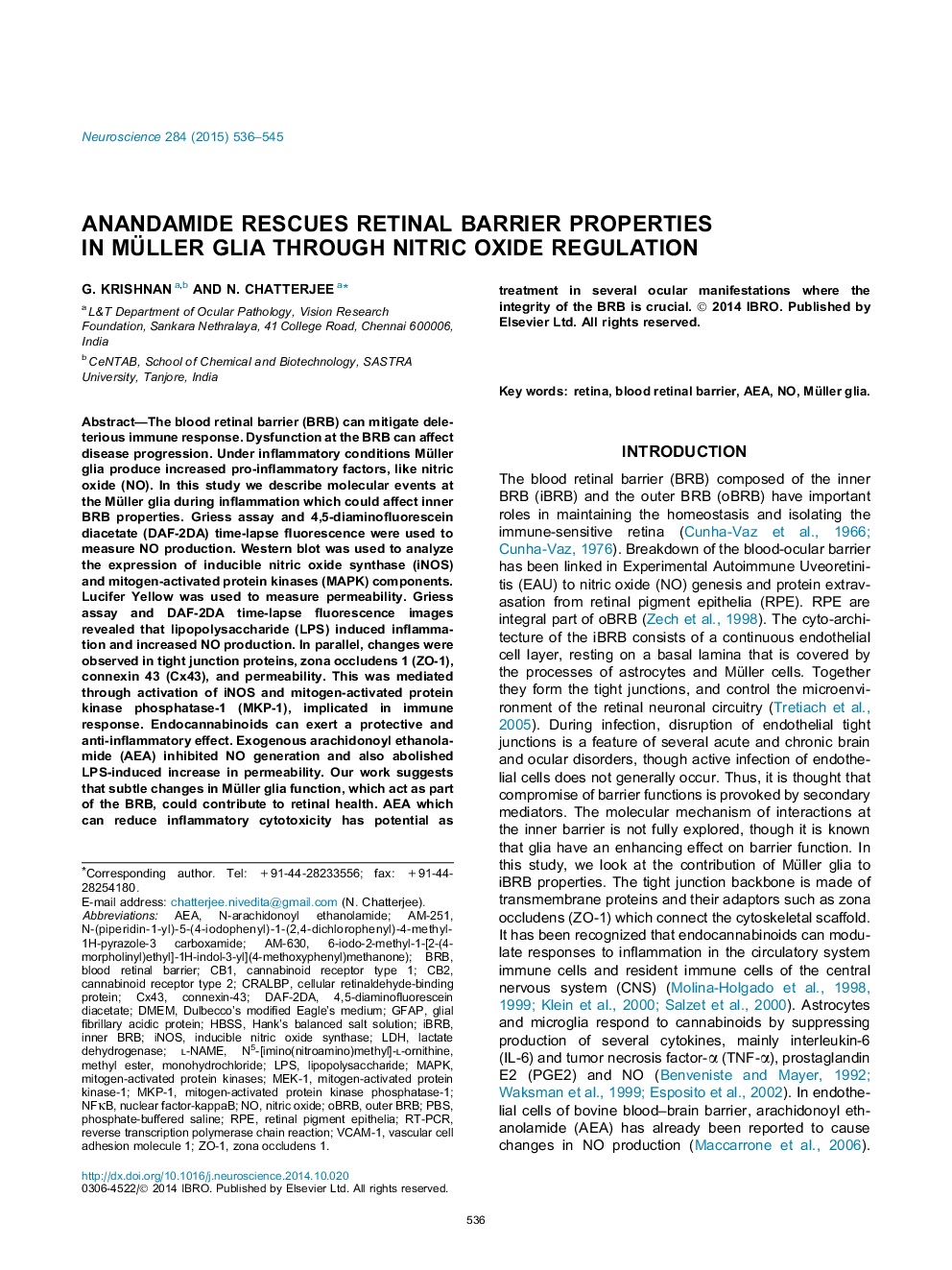 Anandamide rescues retinal barrier properties in Müller glia through nitric oxide regulation