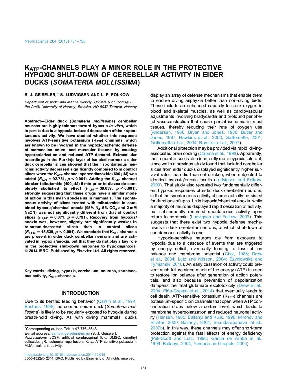 KATP-channels play a minor role in the protective hypoxic shut-down of cerebellar activity in eider ducks (Somateria mollissima)