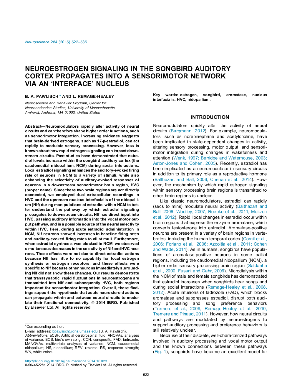 سیگنالینگ نورواستروژن در قشر شنوایی آواز خواندن آهنگ به یک موتور حسگر حرکتی از طریق یک هسته "رابط" 