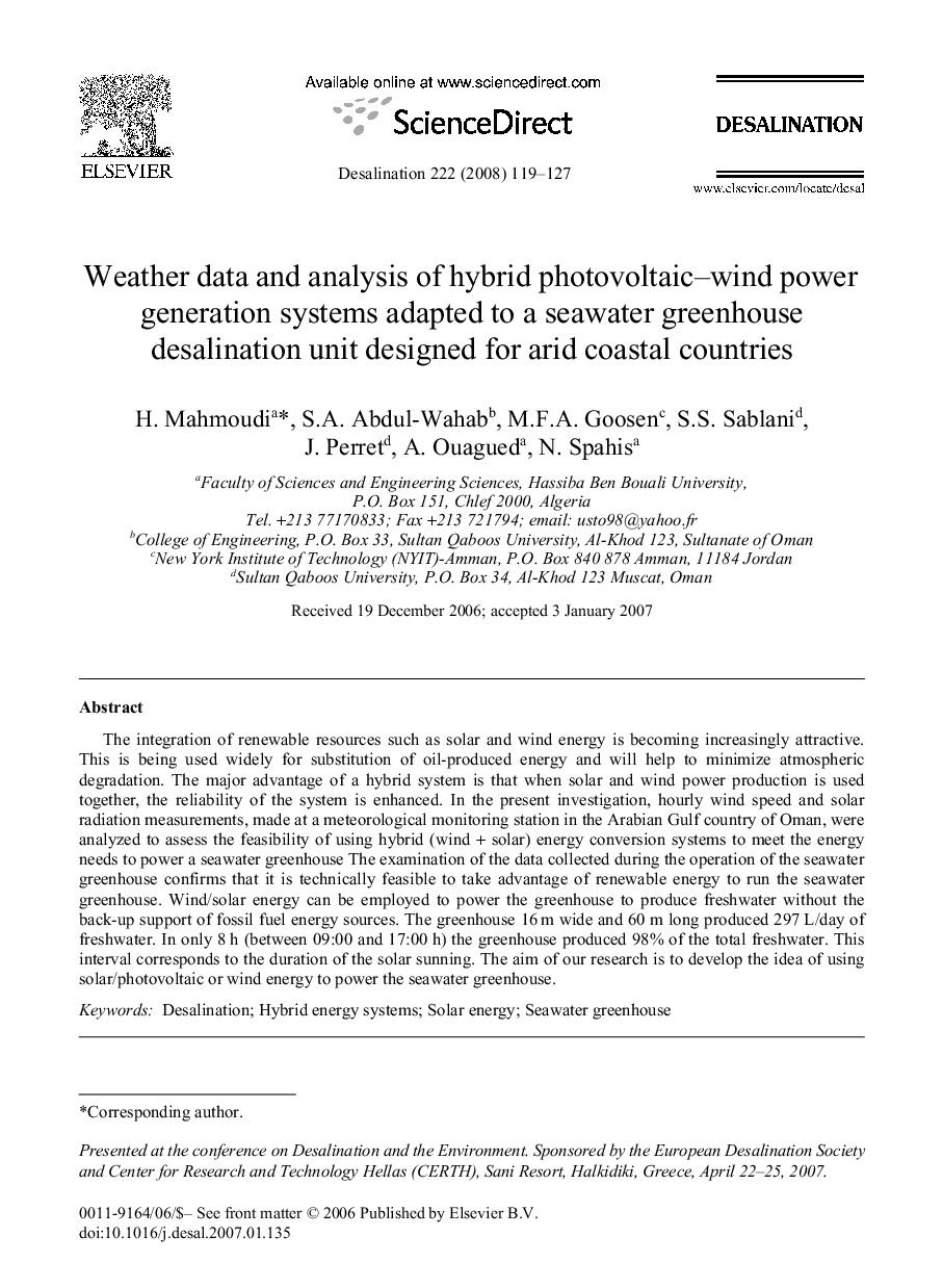 Weather data and analysis of hybrid photovoltaic–wind power generation systems adapted to a seawater greenhouse desalination unit designed for arid coastal countries