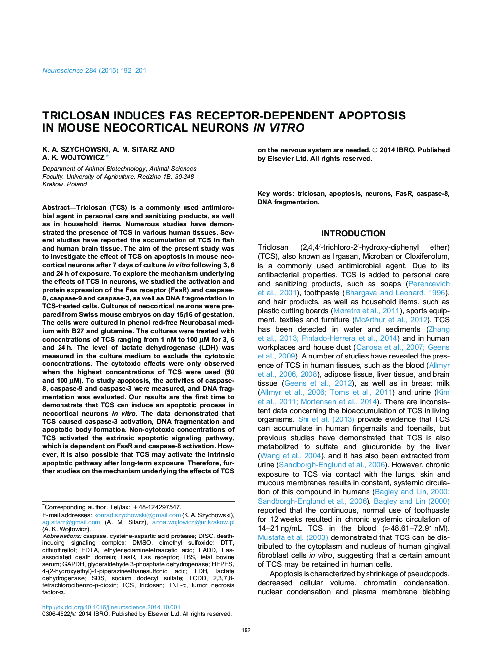 Triclosan induces Fas receptor-dependent apoptosis in mouse neocortical neurons in vitro