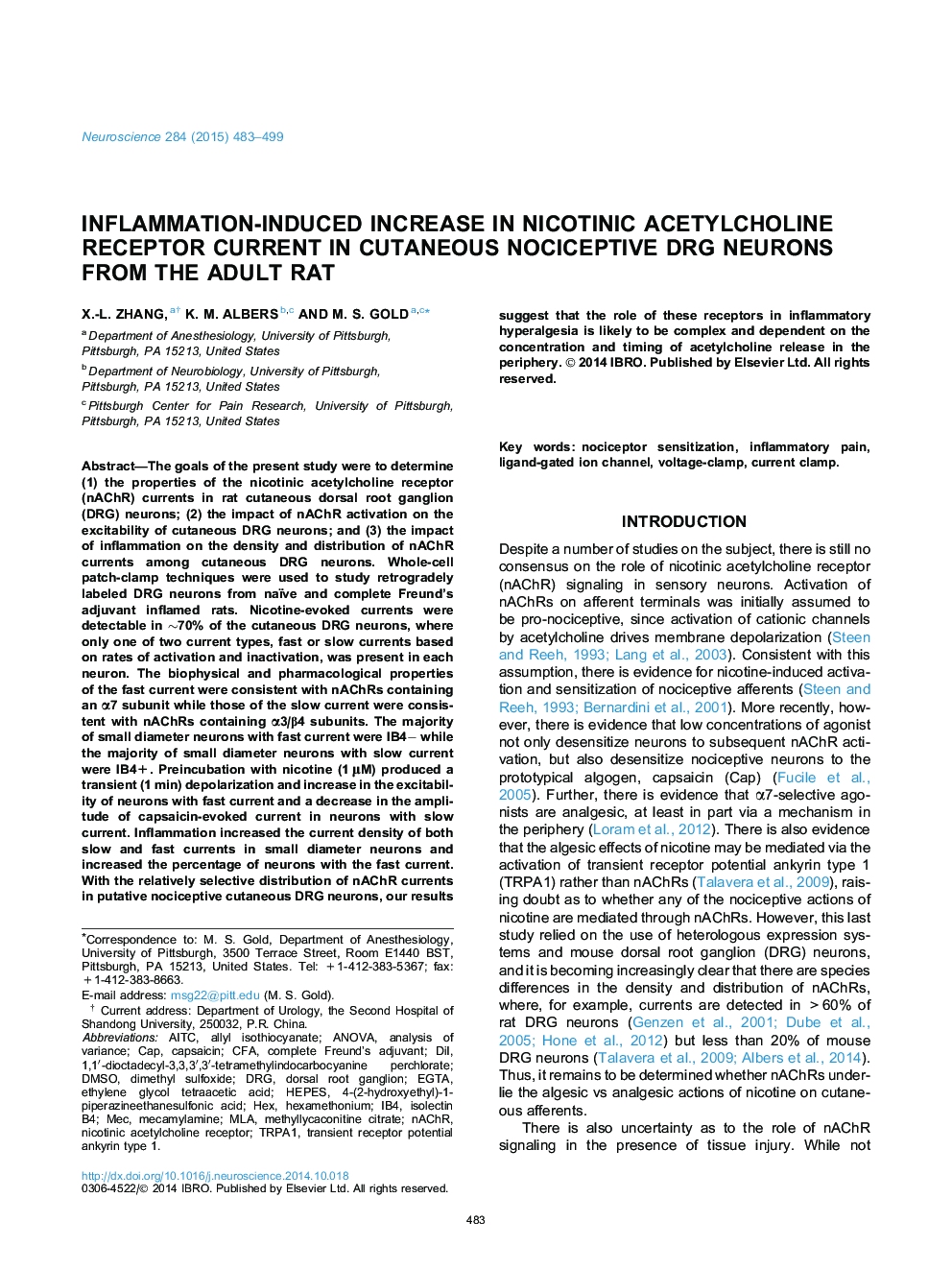 Inflammation-induced increase in nicotinic acetylcholine receptor current in cutaneous nociceptive DRG neurons from the adult rat