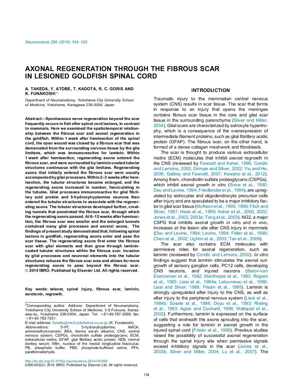 Axonal regeneration through the fibrous scar in lesioned goldfish spinal cord