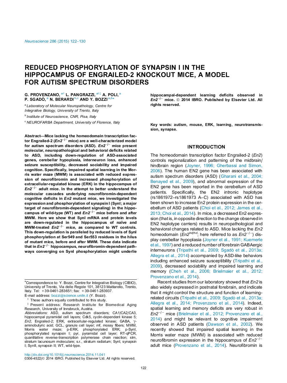 Reduced phosphorylation of synapsin I in the hippocampus of Engrailed-2 knockout mice, a model for autism spectrum disorders