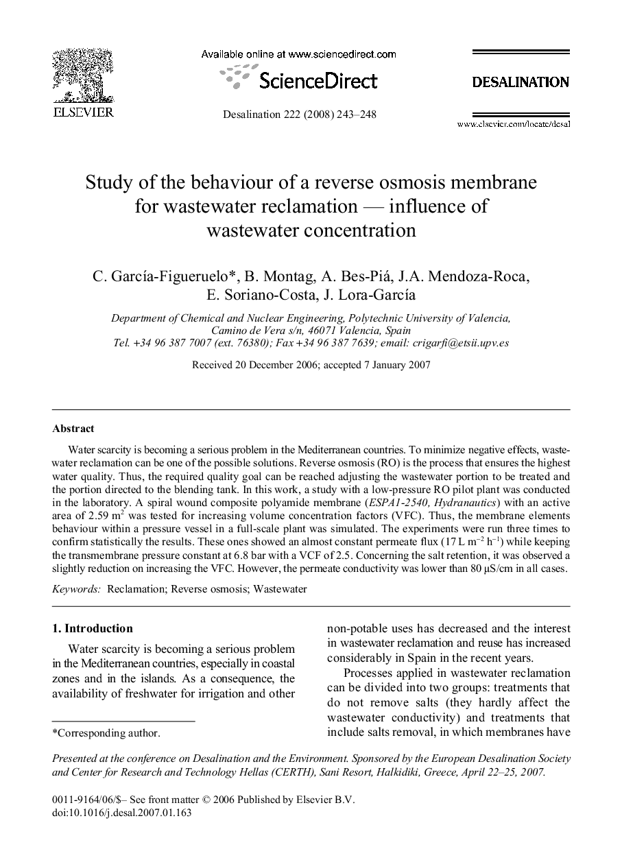 Study of the behaviour of a reverse osmosis membrane for wastewater reclamation — influence of wastewater concentration