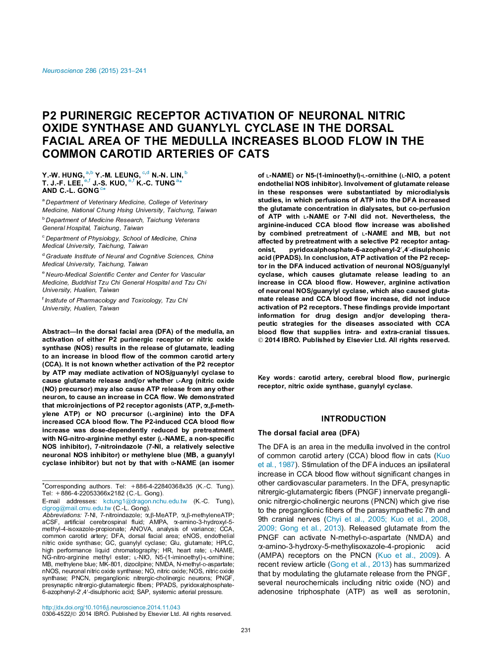 P2 purinergic receptor activation of neuronal nitric oxide synthase and guanylyl cyclase in the dorsal facial area of the medulla increases blood flow in the common carotid arteries of cats