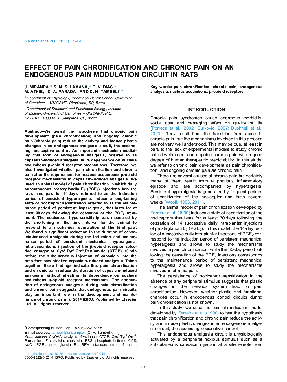Effect of pain chronification and chronic pain on an endogenous pain modulation circuit in rats