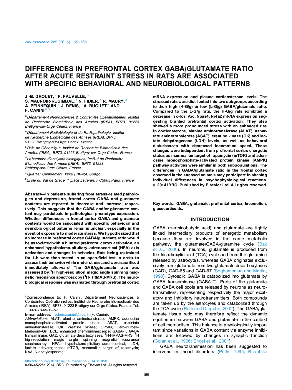 Differences in prefrontal cortex GABA/glutamate ratio after acute restraint stress in rats are associated with specific behavioral and neurobiological patterns