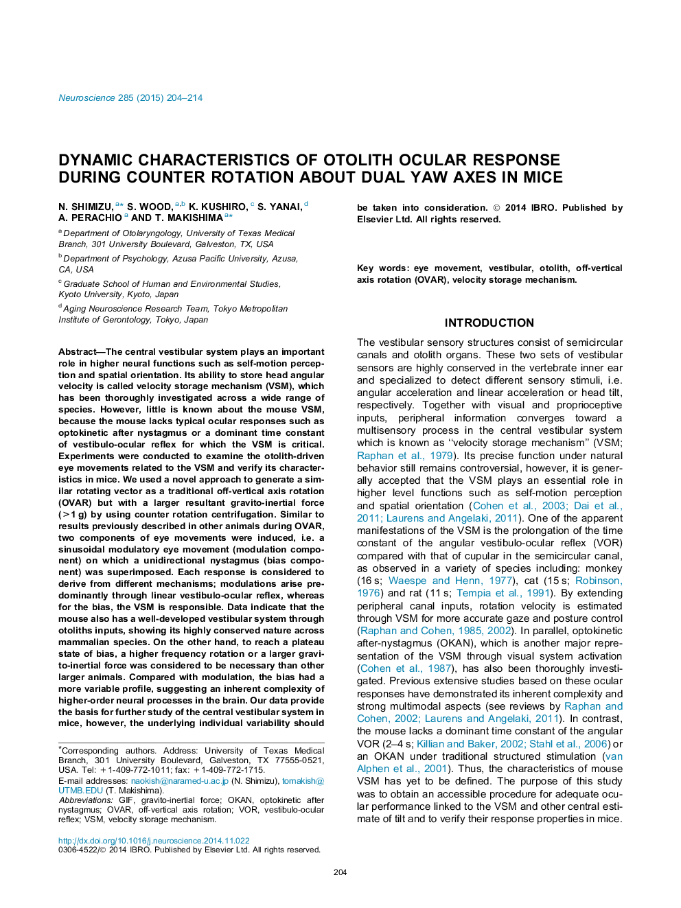 Dynamic characteristics of otolith ocular response during counter rotation about dual yaw axes in mice