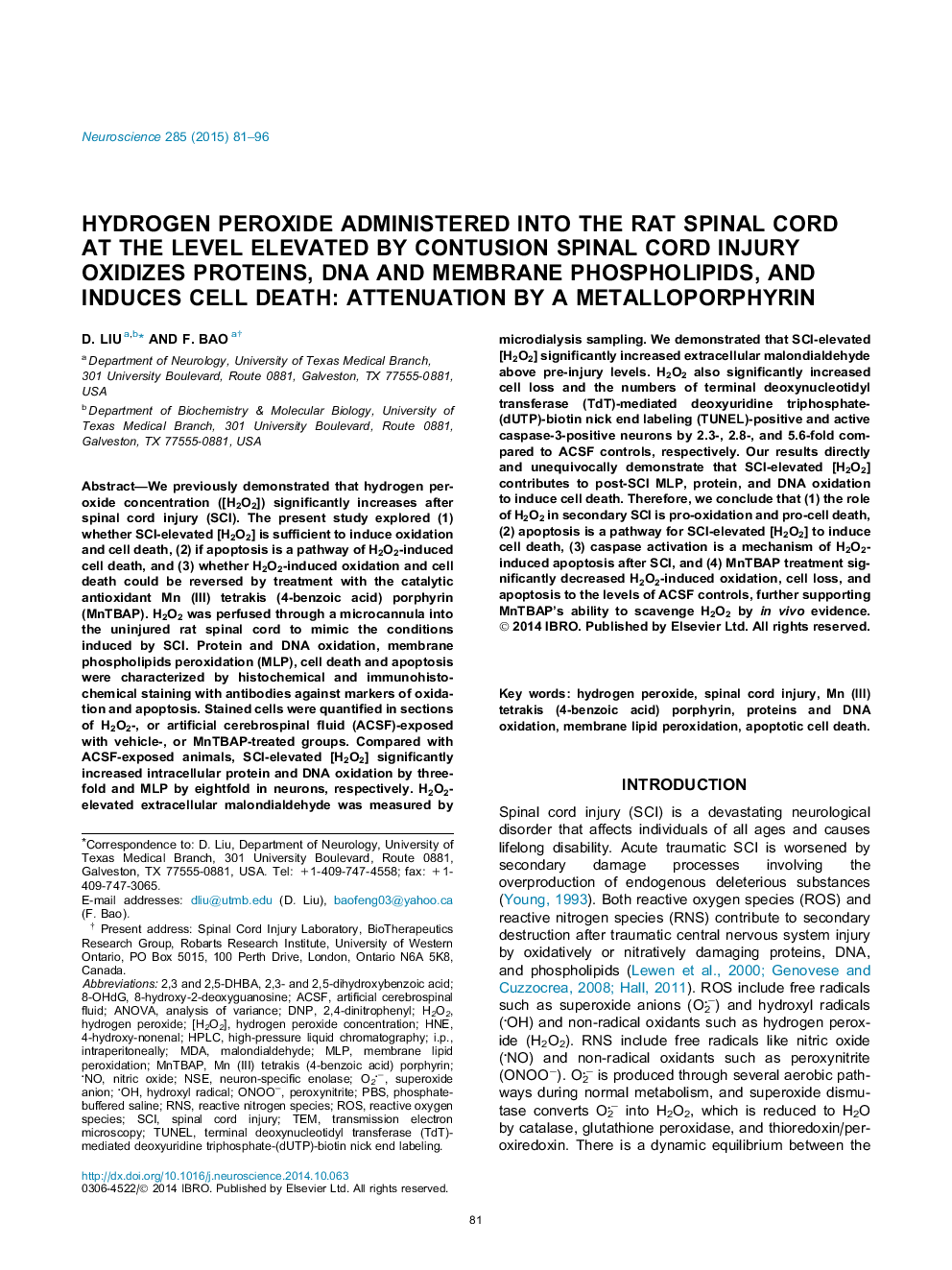 Hydrogen peroxide administered into the rat spinal cord at the level elevated by contusion spinal cord injury oxidizes proteins, DNA and membrane phospholipids, and induces cell death: Attenuation by a metalloporphyrin