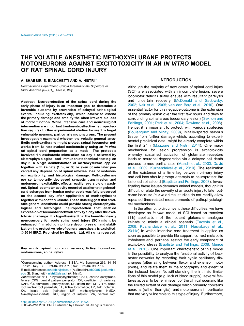 The volatile anesthetic methoxyflurane protects motoneurons against excitotoxicity in an in vitro model of rat spinal cord injury