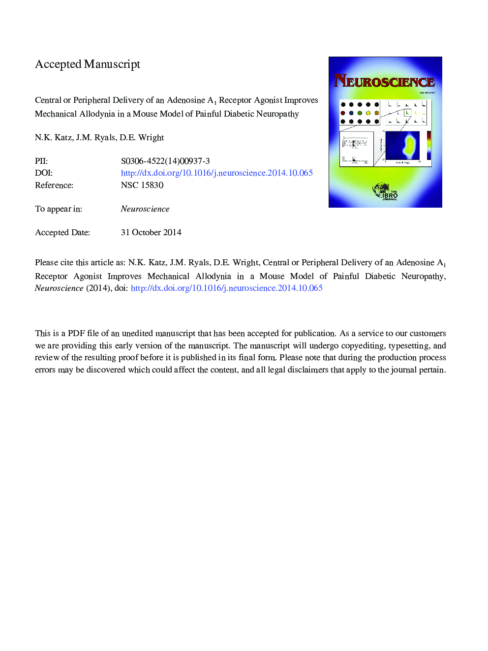 Central or peripheral delivery of an adenosine A1 receptor agonist improves mechanical allodynia in a mouse model of painful diabetic neuropathy