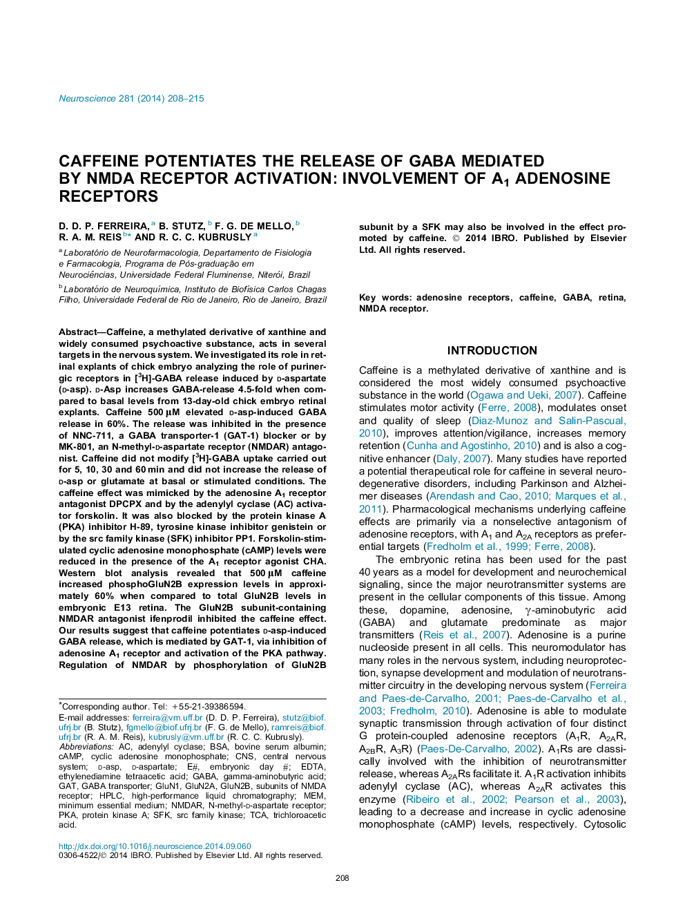 Caffeine potentiates the release of GABA mediated by NMDA receptor activation: Involvement of A1 adenosine receptors