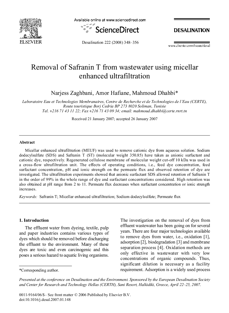 Removal of Safranin T from wastewater using micellar enhanced ultrafiltration