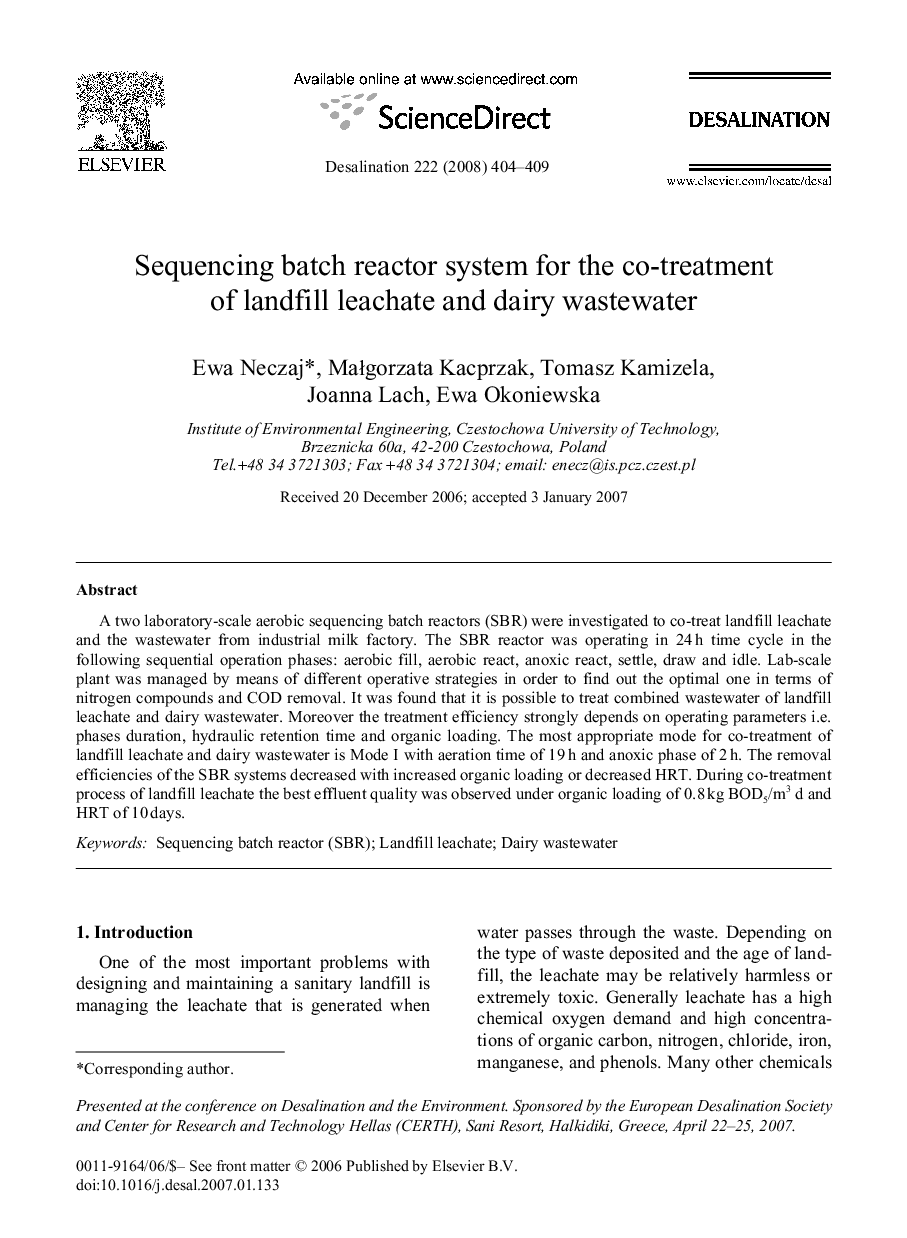 Sequencing batch reactor system for the co-treatment of landfill leachate and dairy wastewater